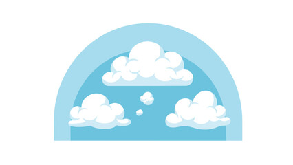 Fototapeta premium Simple graphic illustration of several fluffy white cumulus clouds floating within a light blue arched sky frame on a plain white background.