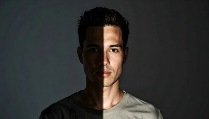 Fototapeta premium Person standing between shadow and bright light split environment, inner conflict 