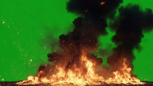 Fiery explosion with sparks and smoke against a green background, offering a visual of destruction