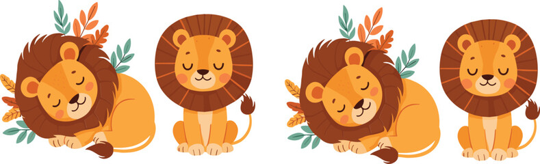 Cute Lion Cartoon Set with Floral Elements Sleeping and Sitting Safari Animal Vector Illustration © Sumon Creative
