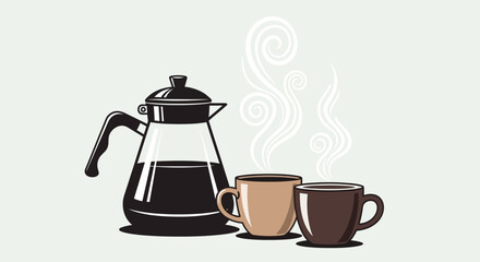 Obraz premium Coffee Pot and Mugs with Steam Illustration.