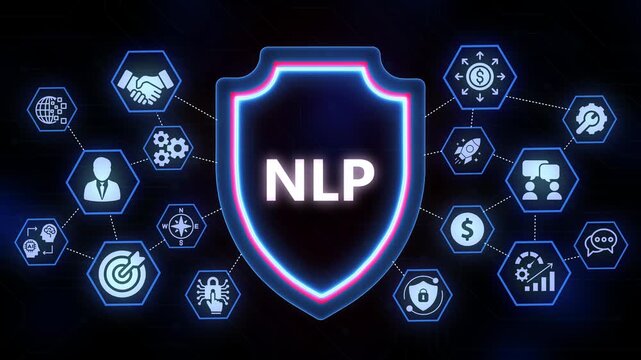 Digital Shield with " NLP" Text and Network of Business and Technology Icons on Dark Background natural language processing