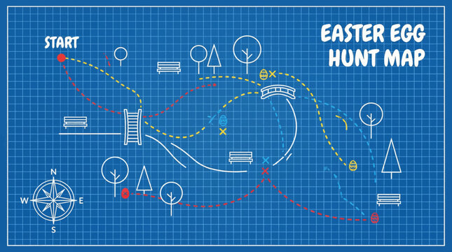 Blueprint Easter egg hunt map concept, park landscape plan with hidden eggs and dashed trail lines vector