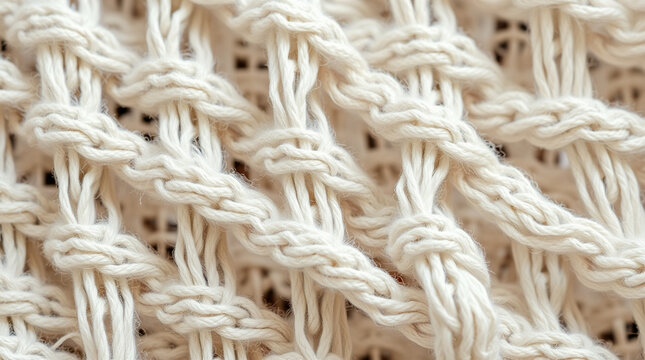 Macro close up abstract background of natural off-white macrame cotton cord knots and woven mesh pattern