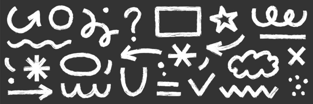 Brush arrow shape set. Arrow marker brush stroke forms, abstract organic asterisk, grunge circle elements. Shape with hand drawn scribble sketch graphic art texture background. Vector illustration