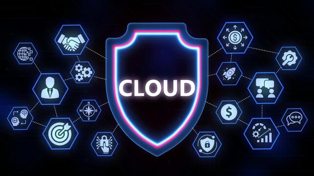 Cloud Computing Security Shield with Digital Network of Technology and Business Icons protection