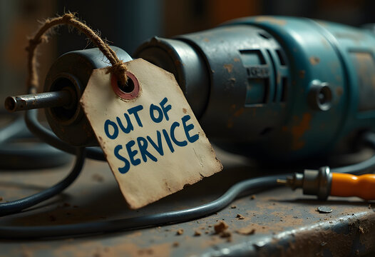 Power drill with out of service tag indicating breakdown