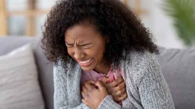 Distressed black woman clutching her chest in pain, experiencing symptoms of a heart attack.