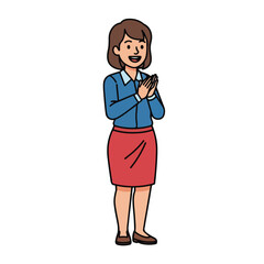 Friendly businesswoman with hands together in greeting or prayer