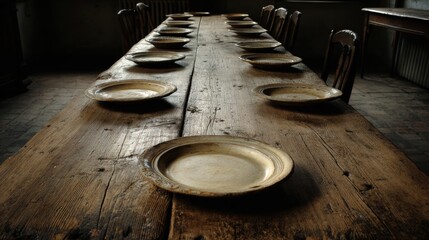 Long Wooden Table Set for Dinner With Earthenware Plates Waiting for Family Gathering at Home in the Evening Light