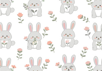 Obraz premium Seamless Cute Bunny Pattern with Flowers Pastel Nursery Background Cartoon Rabbit Vector Illustration