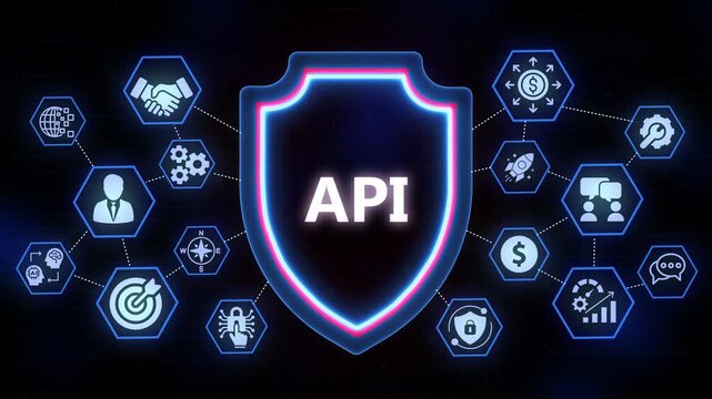 Application Programming Interface Security Shield with Connected Technology Icons and Business Symbols