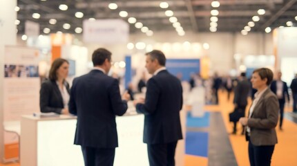 Fototapeta premium Blurred professionals network at busy trade show or conference, with exhibition booths and other attendees visible.