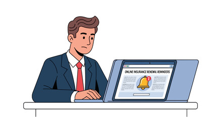 Man using laptop to view online insurance renewal reminders illustration