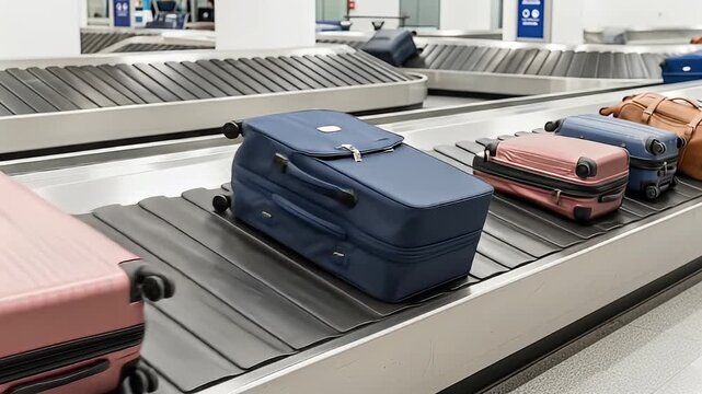 Airport baggage claim with various colored suitcases on the conveyor belt in a terminal
