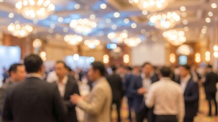 Fototapeta premium Blurred professionals network in grand ballroom, illuminated by elegant chandeliers, showcasing a busy crowd at a formal event.