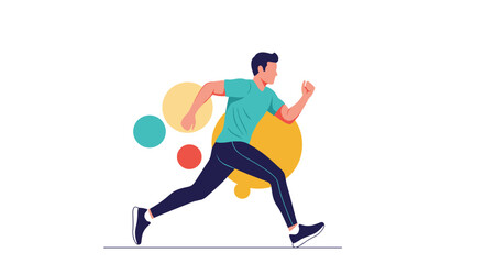 Fototapeta premium Energetic man running fast against a white background with abstract geometric shapes representing speed and athletics.