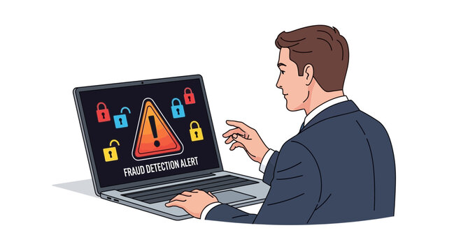 Man working on laptop with fraud detection alert concept design