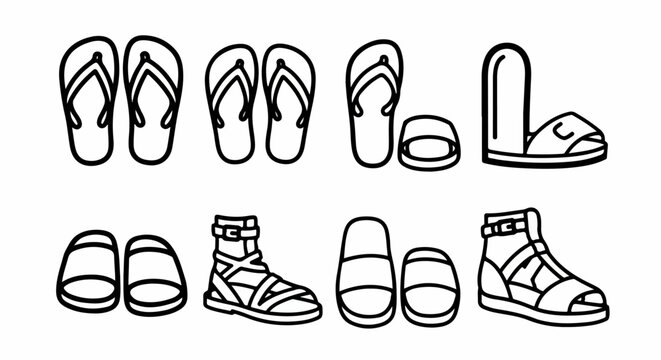 Collection of outline vector icons depicting various summer open-toed footwear including flip-flops, slides, and sandals on a white background.