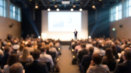 Naklejka premium A motivational speaker stands confidently on a brightly lit stage in front of a vast, blurred audience, delivering an engaging presentation with visual aids.