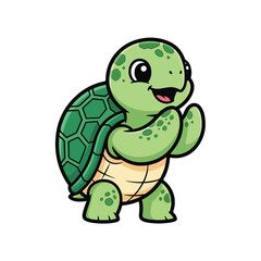 Obraz premium A green turtle with a big smile and a raised paw standing alone