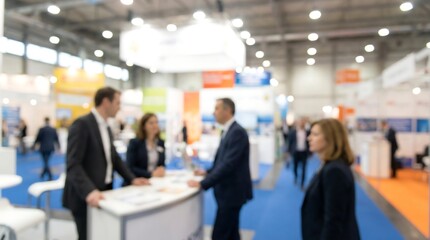 Fototapeta premium A dynamic, intentionally blurred scene of an active trade show floor, featuring business professionals interacting and discussing at various exhibitor booths during a bustling convention.