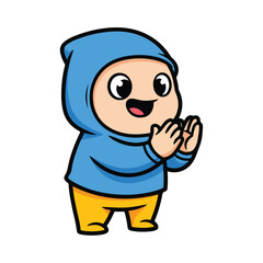Fototapeta premium Cartoon character in blue hoodie and yellow pants making a gesture