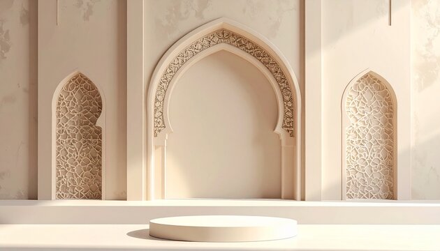 Elegant Islamic Arch Background with Podium for Product Display, Ramadan, Eid