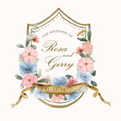 vintage pink blue floral watercolor wedding crest