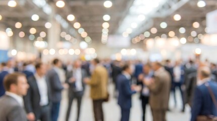 Fototapeta premium A wide-angle, intentionally blurred shot of a bustling corporate event, featuring a large gathering of business professionals networking and engaging in conversations under bright lights.