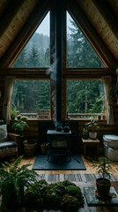 Cozy cabin interior with glowing fireplace, wooden window framing misty forest view captured from a warm indoor perspective