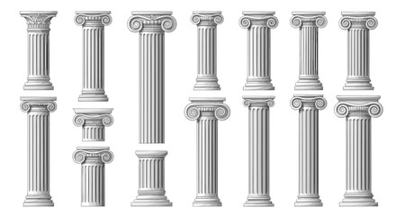Collection of classical architectural columns and pillars in various sizes and proportions inspired by ancient greek design.