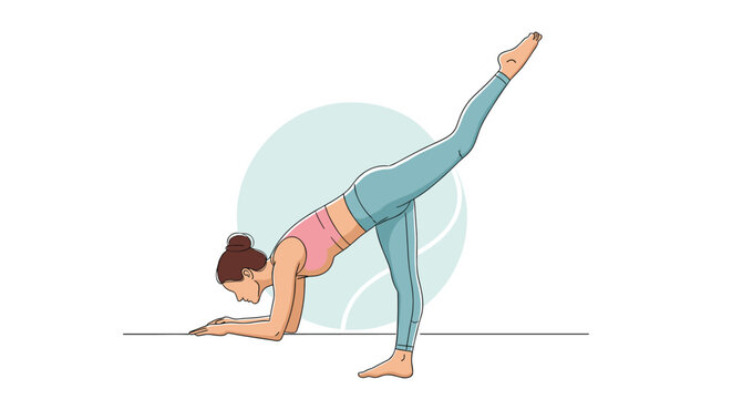Woman practicing yoga standing split pose with leg raised high while wearing a pink top and blue leggings in a gym.