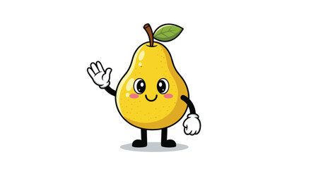 Cute cartoon pear character with a happy smiling face and big eyes waving a gloved hand on a white background.