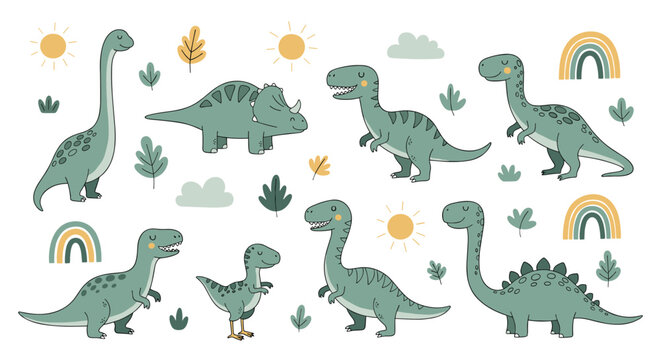 Adorable collection of various cartoon dinosaur species including long necks and triceratops with rainbows and suns.