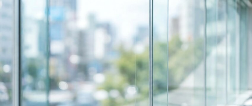 A blurred modern cityscape is visible through clean, large glass windows in a contemporary office building, creating a bright backdrop.