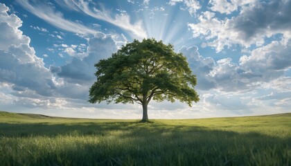 Fototapeta premium Solitary majestic green tree standing alone in sunlit golden field under dramatic blue sky with clouds