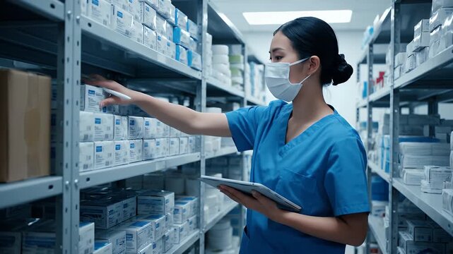 Female healthcare worker in a face mask checking medical supplies on shelves in a hospital storage room with a digital tablet.