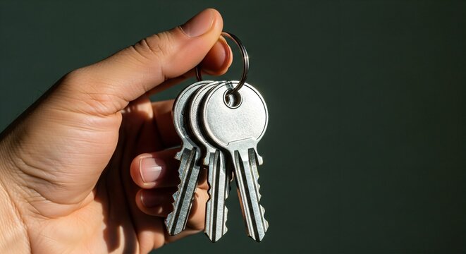Hand holding a set of silver house keys on a ring, metallic glisten, plain deep forest green background.