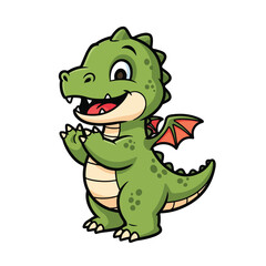 Fototapeta premium Green cartoon dragon with orange wings smiling happily