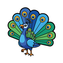 Colorful Peacock with Spread Plumage on White Background