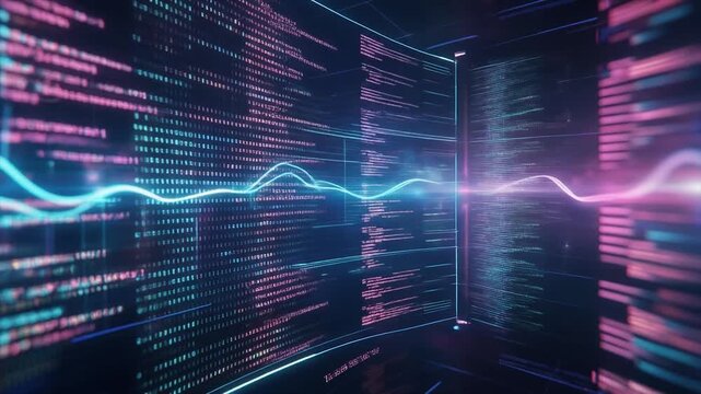 Futuristic holographic display scrolling data streams pulsing wave lights clean motion seamless surreal ambience cascading softly abstract unique style ultra realistic loop
