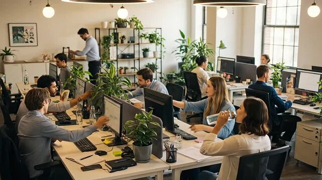 Bustling open-plan office with numerous diverse employees actively working at their desks with computers, surrounded by green plants, depicting a dynamic and collaborative modern workspace.