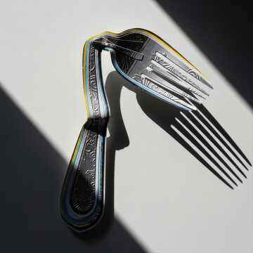 Bent fork casting dramatic shadows on white surface, isolated in minimalistic composition with textured handle and contrasting light