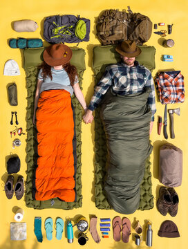 Camping couple flat lay