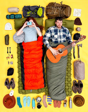 Camping gear flat lay