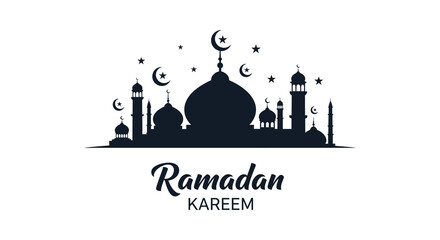 A striking black silhouette showcases a mosque skyline with crescent moons accompanied by the word ramadan kareem © MIRAJ02