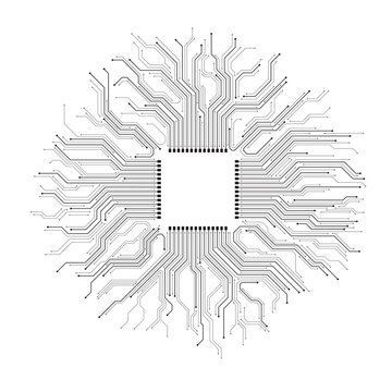 Futuristic chipset with circuit board pattern on a white background. High-tech circuit board connection system. Processor and motherboard. Artificial intelligence (AI). Vector illustration.