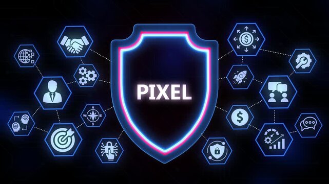 Digital Shield with Pixel Icon and Network of Technology and Business Icons security