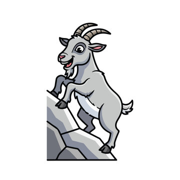Goat climbing on rocky mountain peak in adventure